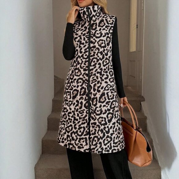 Casual Women's Leopard print Zip up Long Vest Jacket With Pockets - Picture 1 of 6